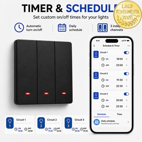 Qoltec Inteligentny 3-kanałowy włącznik wyłącznik światła | Wi-Fi | Timer | Tuya | Smart life | Czarny