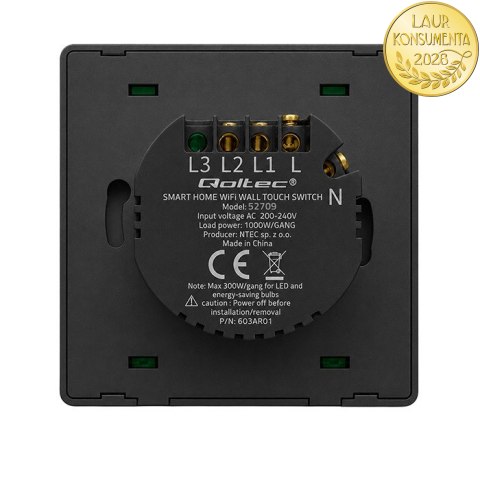 Qoltec Inteligentny 3-kanałowy włącznik wyłącznik światła | Wi-Fi | Timer | Tuya | Smart life | Czarny