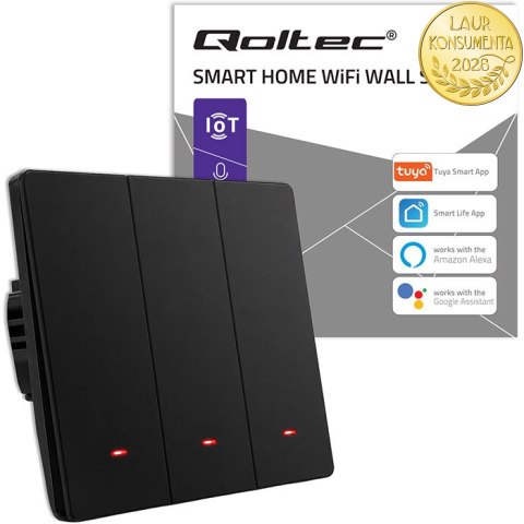 Qoltec Inteligentny 3-kanałowy włącznik wyłącznik światła | Wi-Fi | Timer | Tuya | Smart life | Czarny