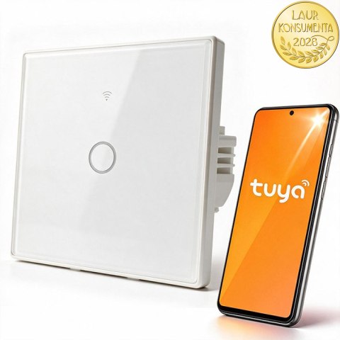 Qoltec Inteligentny dotykowy 1-kanałowy włącznik wyłącznik światła | Wi-Fi | Timer | Tuya | Smart life | Hartowane szkło | Biały