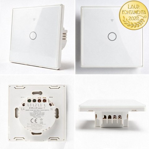 Qoltec Inteligentny dotykowy 1-kanałowy włącznik wyłącznik światła | Wi-Fi | Timer | Tuya | Smart life | Hartowane szkło | Biały