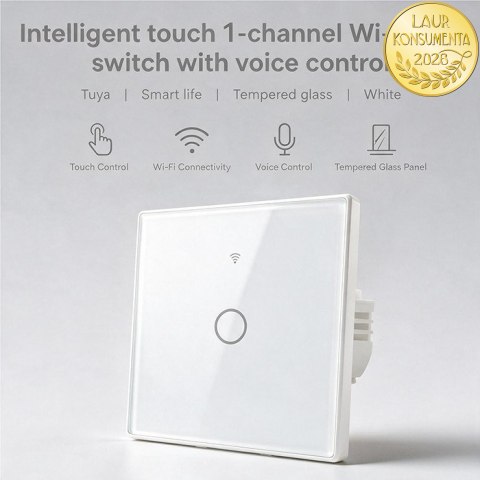 Qoltec Inteligentny dotykowy 1-kanałowy włącznik wyłącznik światła | Wi-Fi | Timer | Tuya | Smart life | Hartowane szkło | Biały