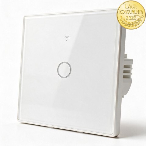 Qoltec Inteligentny dotykowy 1-kanałowy włącznik wyłącznik światła | Wi-Fi | Timer | Tuya | Smart life | Hartowane szkło | Biały