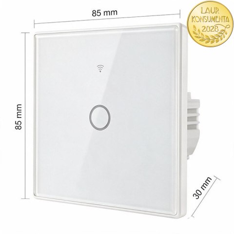 Qoltec Inteligentny dotykowy 1-kanałowy włącznik wyłącznik światła | Wi-Fi | Timer | Tuya | Smart life | Hartowane szkło | Biały