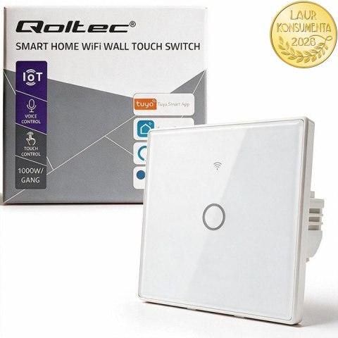 Qoltec Inteligentny dotykowy 1-kanałowy włącznik wyłącznik światła | Wi-Fi | Timer | Tuya | Smart life | Hartowane szkło | Biały