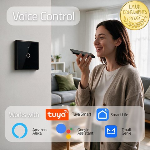 Qoltec Inteligentny dotykowy 1-kanałowy włącznik wyłącznik światła | Wi-Fi | Timer | Tuya | Smart life | Hartowane szkło | Czarn