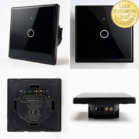 Qoltec Inteligentny dotykowy 1-kanałowy włącznik wyłącznik światła | Wi-Fi | Timer | Tuya | Smart life | Hartowane szkło | Czarn