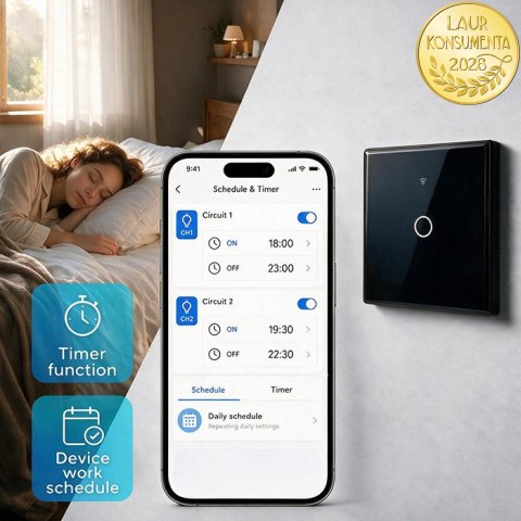 Qoltec Inteligentny dotykowy 1-kanałowy włącznik wyłącznik światła | Wi-Fi | Timer | Tuya | Smart life | Hartowane szkło | Czarn