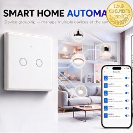Qoltec Inteligentny dotykowy 2-kanałowy włącznik wyłącznik światła | Wi-Fi | Timer | Tuya | Smart life | Hartowane szkło | Biały