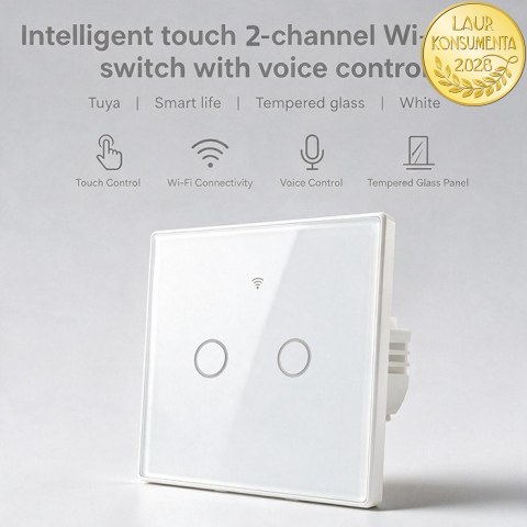 Qoltec Inteligentny dotykowy 2-kanałowy włącznik wyłącznik światła | Wi-Fi | Timer | Tuya | Smart life | Hartowane szkło | Biały