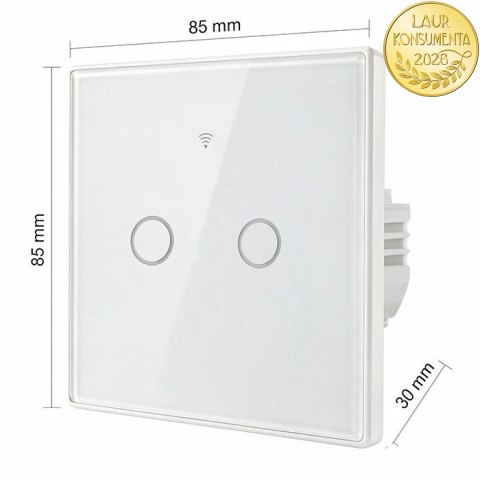Qoltec Inteligentny dotykowy 2-kanałowy włącznik wyłącznik światła | Wi-Fi | Timer | Tuya | Smart life | Hartowane szkło | Biały