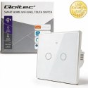 Qoltec Inteligentny dotykowy 2-kanałowy włącznik wyłącznik światła | Wi-Fi | Timer | Tuya | Smart life | Hartowane szkło | Biały