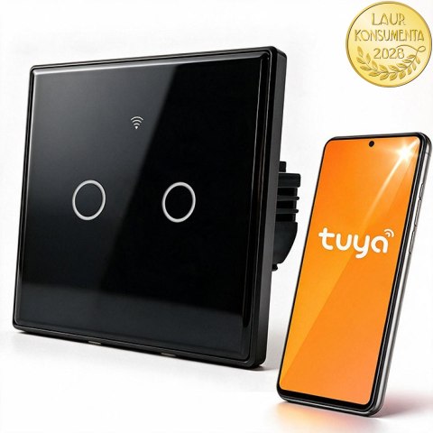 Qoltec Inteligentny dotykowy 2-kanałowy włącznik wyłącznik światła | Wi-Fi | Timer | Tuya | Smart life | Hartowane szkło | Czarn