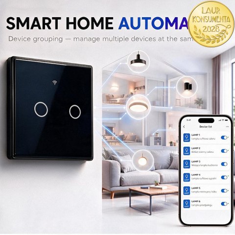 Qoltec Inteligentny dotykowy 2-kanałowy włącznik wyłącznik światła | Wi-Fi | Timer | Tuya | Smart life | Hartowane szkło | Czarn