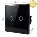 Qoltec Inteligentny dotykowy 2-kanałowy włącznik wyłącznik światła | Wi-Fi | Timer | Tuya | Smart life | Hartowane szkło | Czarn