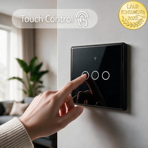 Qoltec Inteligentny dotykowy 3-kanałowy włącznik wyłącznik światła | Wi-Fi | Timer | Tuya | Smart life | Hartowane szkło | Czar