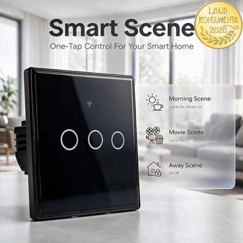 Qoltec Inteligentny dotykowy 3-kanałowy włącznik wyłącznik światła | Wi-Fi | Timer | Tuya | Smart life | Hartowane szkło | Czar