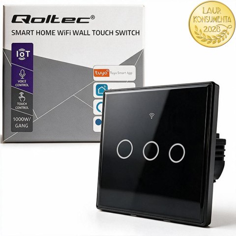 Qoltec Inteligentny dotykowy 3-kanałowy włącznik wyłącznik światła | Wi-Fi | Timer | Tuya | Smart life | Hartowane szkło | Czar