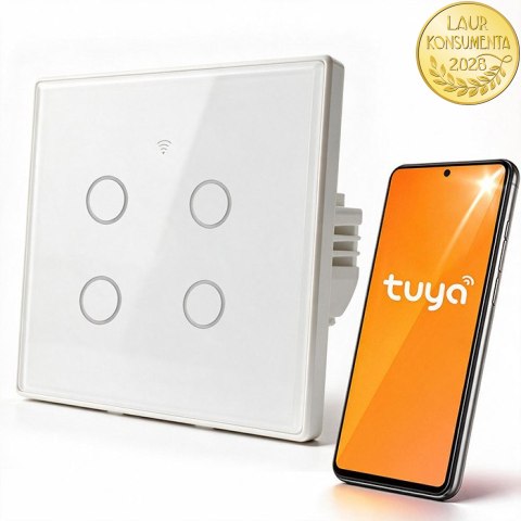 Qoltec Inteligentny dotykowy 4-kanałowy włącznik wyłacznik światła | Wi-Fi | Timer| Tuya | Smart life | Hartowane szkło | Biały