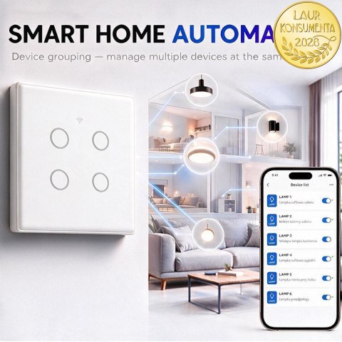 Qoltec Inteligentny dotykowy 4-kanałowy włącznik wyłacznik światła | Wi-Fi | Timer| Tuya | Smart life | Hartowane szkło | Biały