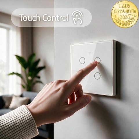 Qoltec Inteligentny dotykowy 4-kanałowy włącznik wyłacznik światła | Wi-Fi | Timer| Tuya | Smart life | Hartowane szkło | Biały