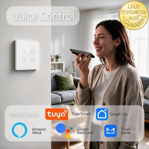 Qoltec Inteligentny dotykowy 4-kanałowy włącznik wyłacznik światła | Wi-Fi | Timer| Tuya | Smart life | Hartowane szkło | Biały