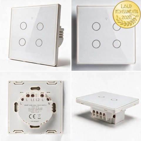 Qoltec Inteligentny dotykowy 4-kanałowy włącznik wyłacznik światła | Wi-Fi | Timer| Tuya | Smart life | Hartowane szkło | Biały