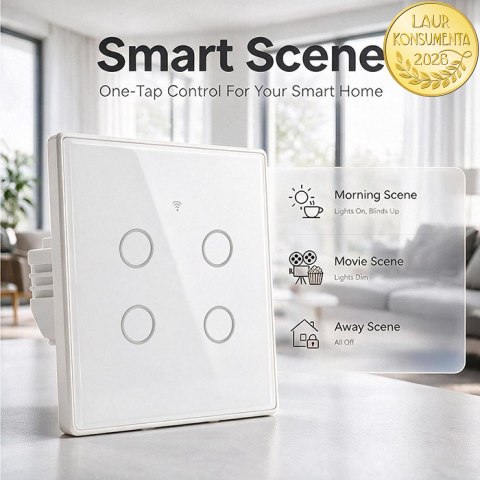 Qoltec Inteligentny dotykowy 4-kanałowy włącznik wyłacznik światła | Wi-Fi | Timer| Tuya | Smart life | Hartowane szkło | Biały