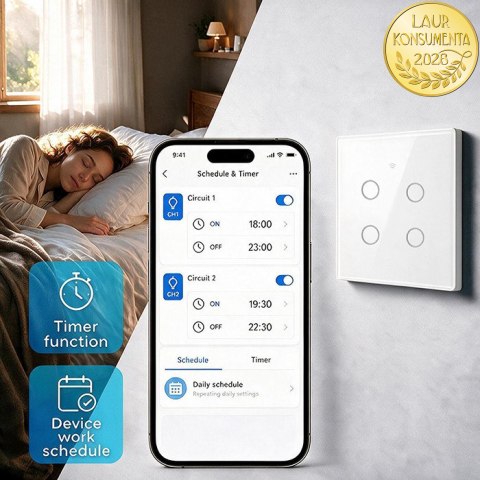 Qoltec Inteligentny dotykowy 4-kanałowy włącznik wyłacznik światła | Wi-Fi | Timer| Tuya | Smart life | Hartowane szkło | Biały