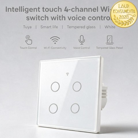Qoltec Inteligentny dotykowy 4-kanałowy włącznik wyłacznik światła | Wi-Fi | Timer| Tuya | Smart life | Hartowane szkło | Biały