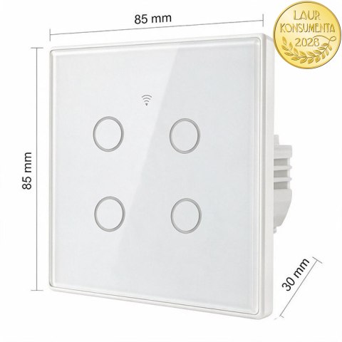 Qoltec Inteligentny dotykowy 4-kanałowy włącznik wyłacznik światła | Wi-Fi | Timer| Tuya | Smart life | Hartowane szkło | Biały