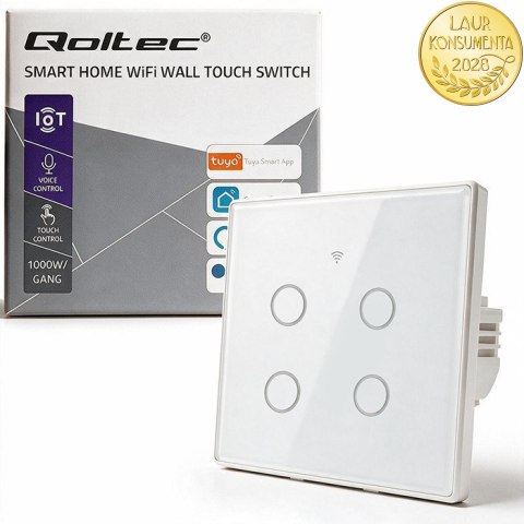 Qoltec Inteligentny dotykowy 4-kanałowy włącznik wyłacznik światła | Wi-Fi | Timer| Tuya | Smart life | Hartowane szkło | Biały