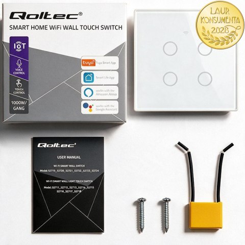 Qoltec Inteligentny dotykowy 4-kanałowy włącznik wyłacznik światła | Wi-Fi | Timer| Tuya | Smart life | Hartowane szkło | Biały
