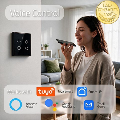 Qoltec Inteligentny dotykowy 4-kanałowy włącznik wyłącznik światła | Wi-Fi | Timer | Tuya | Smart life | Hartowane szkło | Czarn