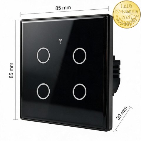 Qoltec Inteligentny dotykowy 4-kanałowy włącznik wyłącznik światła | Wi-Fi | Timer | Tuya | Smart life | Hartowane szkło | Czarn