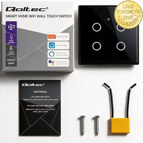 Qoltec Inteligentny dotykowy 4-kanałowy włącznik wyłącznik światła | Wi-Fi | Timer | Tuya | Smart life | Hartowane szkło | Czarn