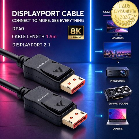Qoltec Kabel DisplayPort v2.1 męski | DisplayPort v2.1 męski | 8K | 40G | 1.5m