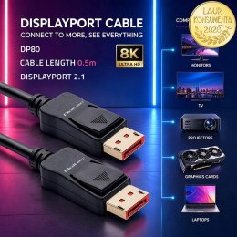 Qoltec Kabel DisplayPort v2.1 męski | DisplayPort v2.1 męski | 8K | 54G | 0.5m