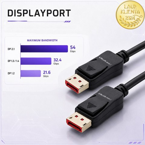 Qoltec Kabel DisplayPort v2.1 męski | DisplayPort v2.1 męski | 8K | 54G | 1.5m