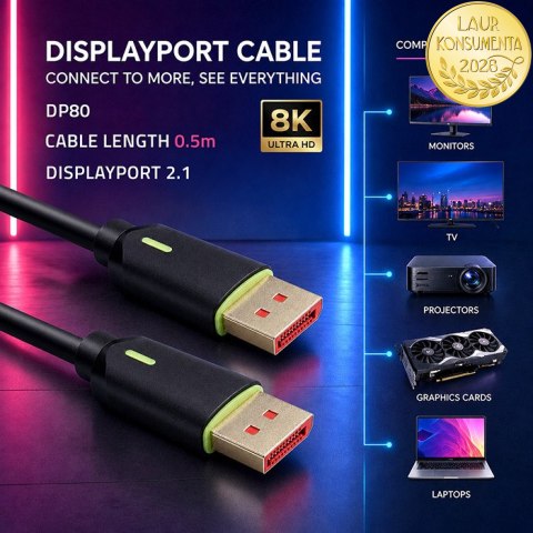 Qoltec Kabel DisplayPort v2.1 męski | DisplayPort v2.1 męski | 8K | 80G | 0.5m