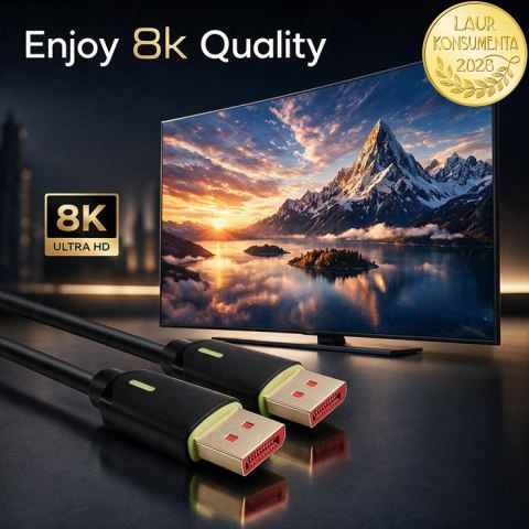 Qoltec Kabel DisplayPort v2.1 męski | DisplayPort v2.1 męski | 8K | 80G | 1.5m
