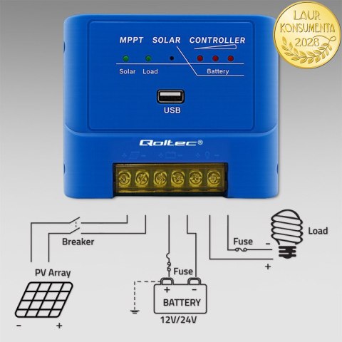 Qoltec Solarny regulator ładowania MPPT 15A do zasilania odbiorników DC i ładowania akumulatorów 12V / 24V | LiFePO4