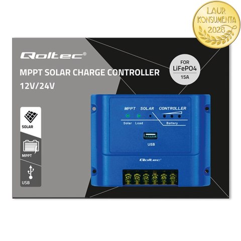 Qoltec Solarny regulator ładowania MPPT 15A do zasilania odbiorników DC i ładowania akumulatorów 12V / 24V | LiFePO4