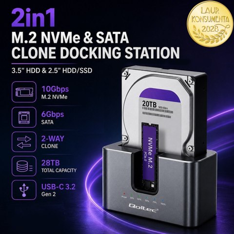 Qoltec Stacja dokująca 2w1 HDD SSD | SATA | M.2 NVMe | Klonowanie | USB-C 3.2 Gen 2 | 10Gb/s | 28TB | Aluminium
