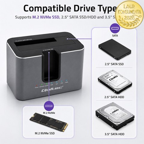 Qoltec Stacja dokująca 2w1 HDD SSD | SATA | M.2 NVMe | Klonowanie | USB-C 3.2 Gen 2 | 10Gb/s | 28TB | Aluminium