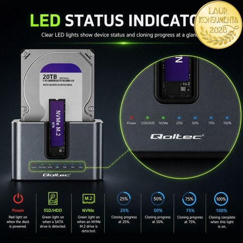 Qoltec Stacja dokująca 2w1 HDD SSD | SATA | M.2 NVMe | Klonowanie | USB-C 3.2 Gen 2 | 10Gb/s | 28TB | Aluminium