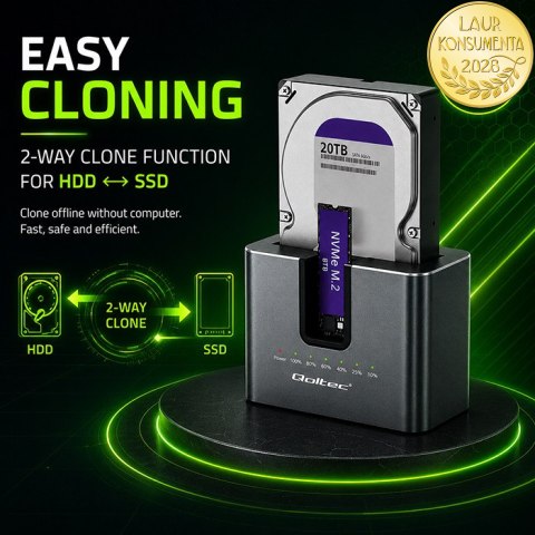 Qoltec Stacja dokująca 2w1 HDD SSD | SATA | M.2 NVMe | Klonowanie | USB-C 3.2 Gen 2 | 10Gb/s | 28TB | Aluminium