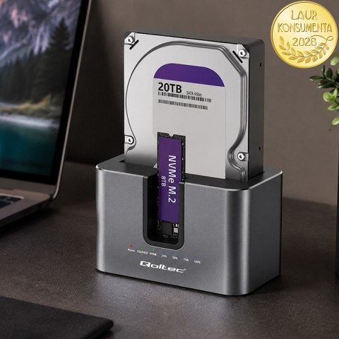 Qoltec Stacja dokująca 2w1 HDD SSD | SATA | M.2 NVMe | Klonowanie | USB-C 3.2 Gen 2 | 10Gb/s | 28TB | Aluminium