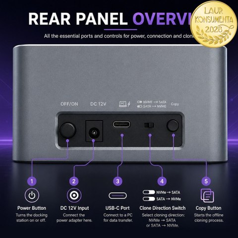 Qoltec Stacja dokująca 2w1 HDD SSD | SATA | M.2 NVMe | Klonowanie | USB-C 3.2 Gen 2 | 10Gb/s | 28TB | Aluminium
