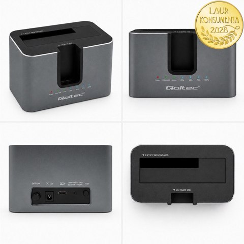 Qoltec Stacja dokująca 2w1 HDD SSD | SATA | M.2 NVMe | Klonowanie | USB-C 3.2 Gen 2 | 10Gb/s | 28TB | Aluminium